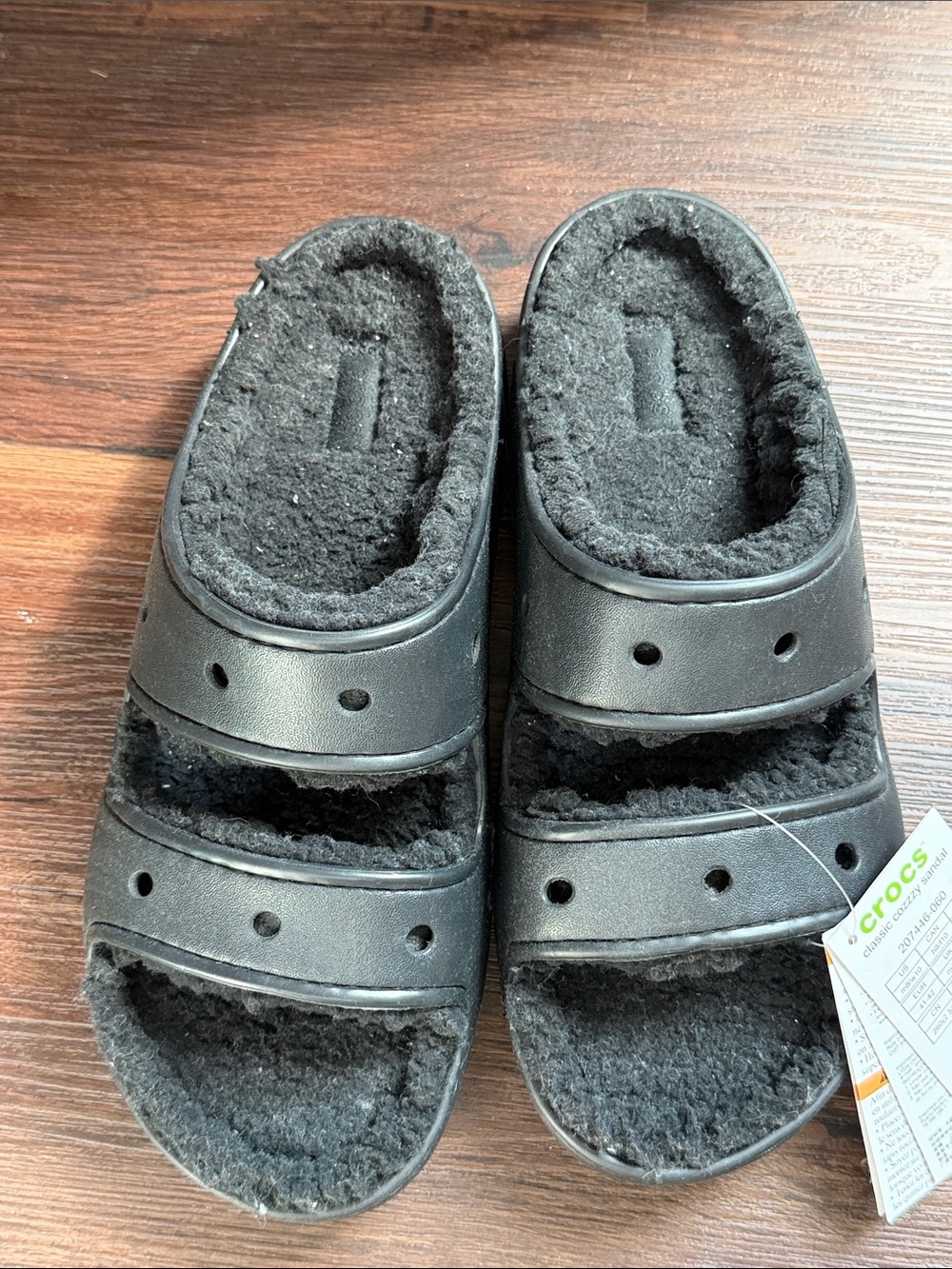 CROCS Black Fuzz-Lined Double Strap Slides